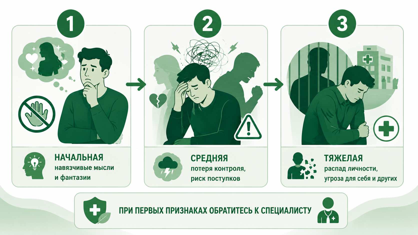 Стадии заболевания: начальная — навязчивые мысли и фантазии; средняя — потеря контроля и риск импульсивных действий; тяжелая — распад личности и опасность для себя и окружающих.
